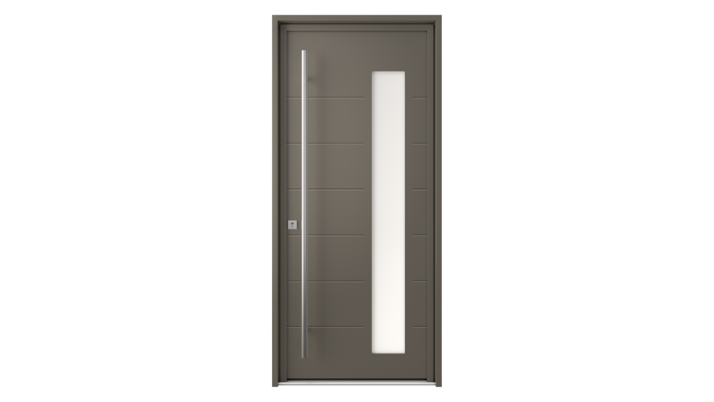Porte d'entrée aluminium ZAFORA Porte d'entrée taupe avec barre de tirage, liserés et grand rectangle vitré